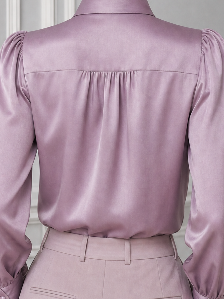 Mauve Satin Lace Puff Sleeve Button Front Blouse