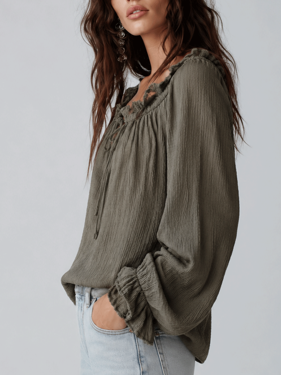 Chic Textured Cotton Split-Neck Lantern-Sleeve Olive Green Blouse