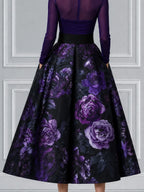 Deep Purple Sheer High Neck Bodice & Black Purple Floral Print A-Line Midi Dress
