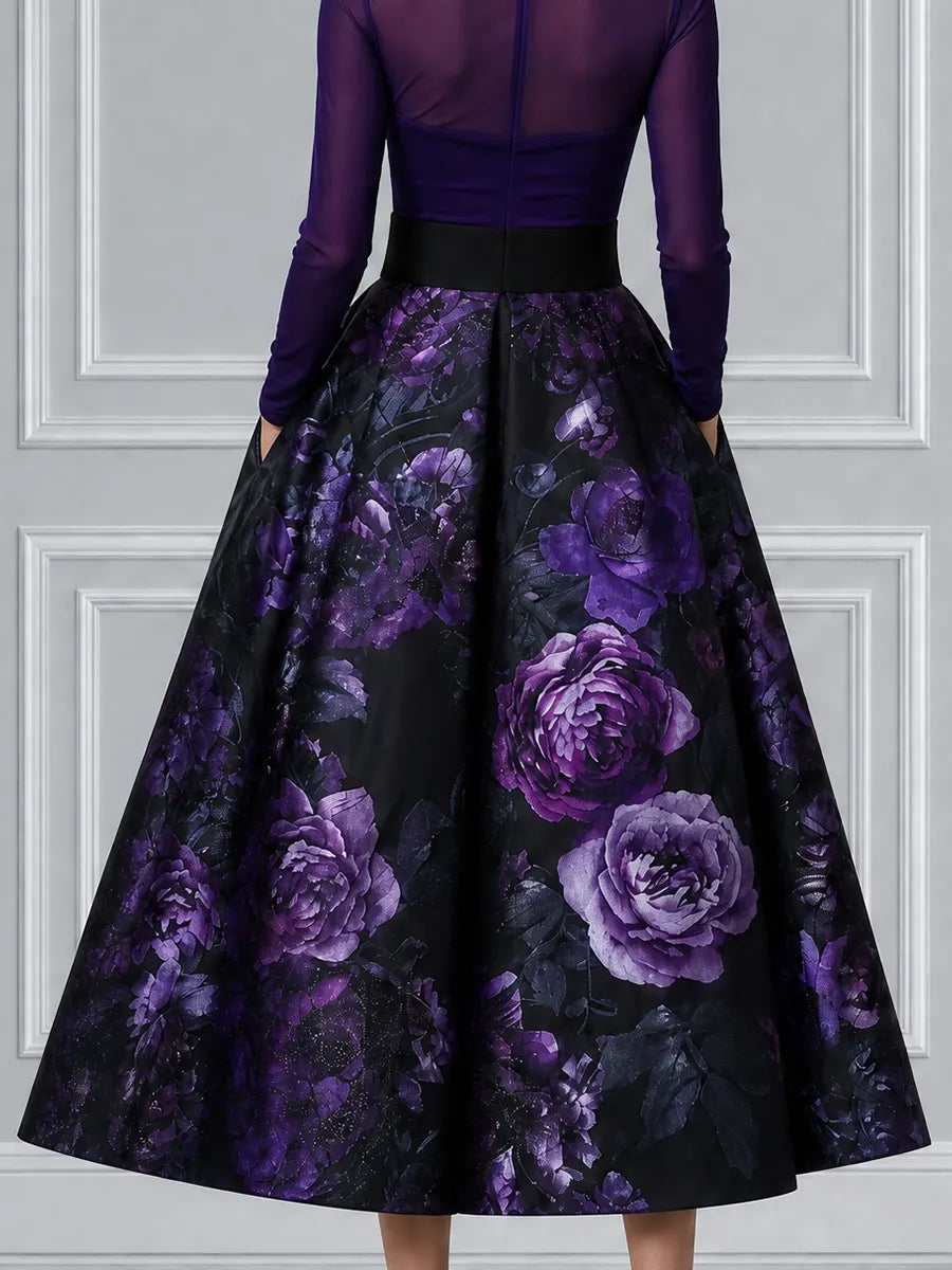 Deep Purple Sheer High Neck Bodice & Black Purple Floral Print A-Line Midi Dress