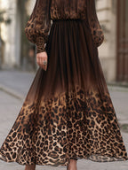 Puff Sleeves Leopard Print Chiffon Flowing Maxi Dress