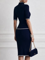 Pearl-Trimmed Ribbed Knit Zip-Up Top and Pencil Skirt Set