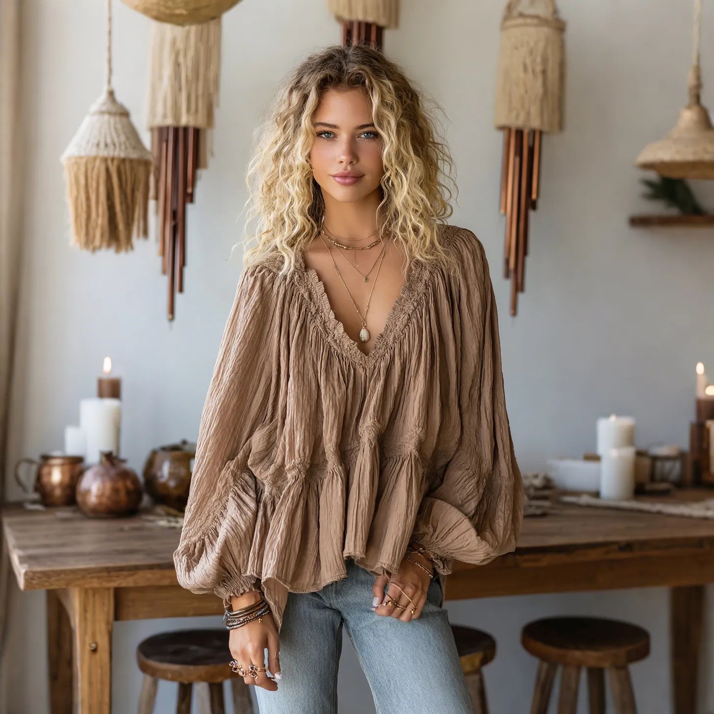 Women's Elegant Loose Comfortable Breathable Pleated Linen V-neck Puff Sleeve Top