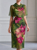 Elegant Floral Print Draped Cowl Neck Chiffon Midi Dress