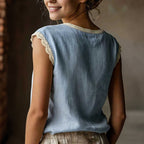 Retro Loose Solid Color Round Neck Lace Patchwork Sleeveless T-shirt
