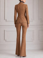 Camel Preppy Fall Fashion Tailored Blazer & Flare Pants Set