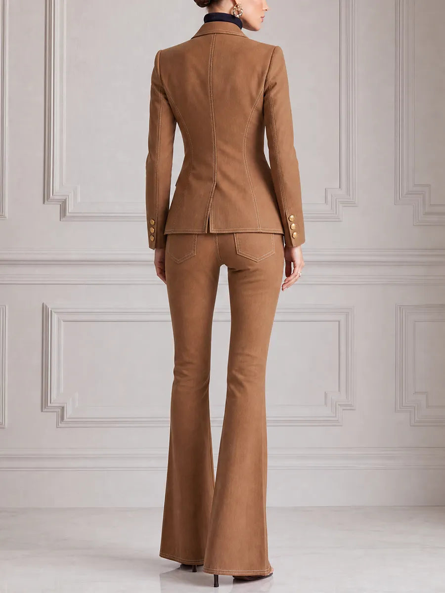 Camel Preppy Fall Fashion Tailored Blazer & Flare Pants Set