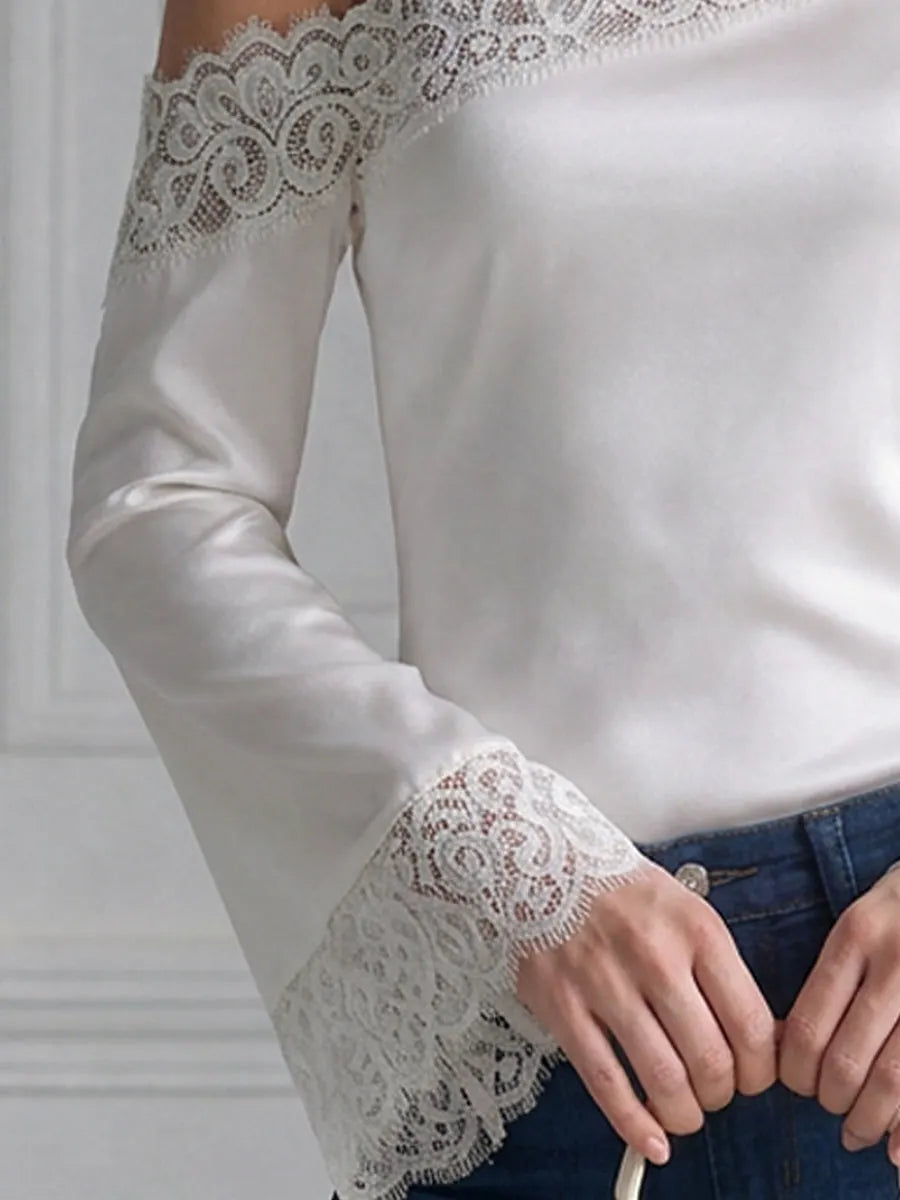 Elegant One-Shoulder Floral Lace Trim Satin Top