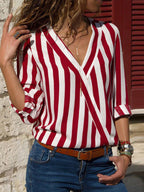 Striped Linen Blend V-Neck Long Sleeve Shirt