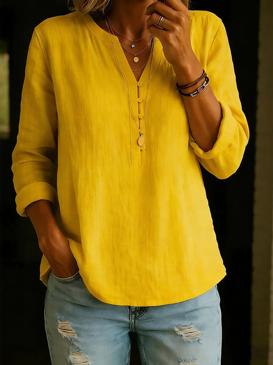 Women's Solid Color V-neck Long-sleeved Casual Loose Cotton And Linen Top