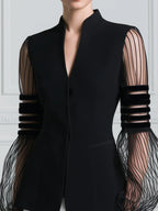 Stand Collar Sheer Striped Mesh Balloon Sleeve Tailored Blazer