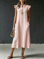 Women's Casual Loose-fitting Ruffles Linen And Cotton Henry Collar Sleeveless Dress