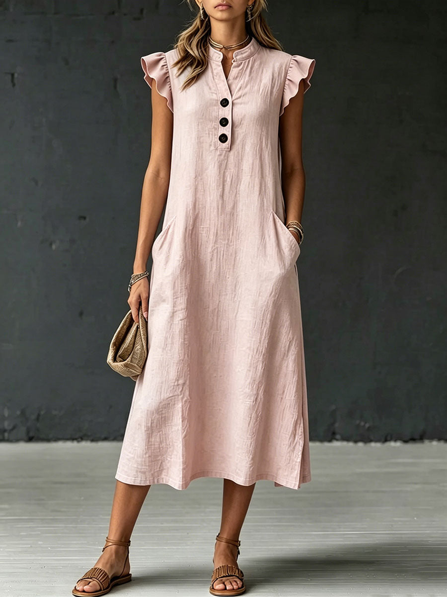 Women's Casual Loose-fitting Ruffles Linen And Cotton Henry Collar Sleeveless Dress