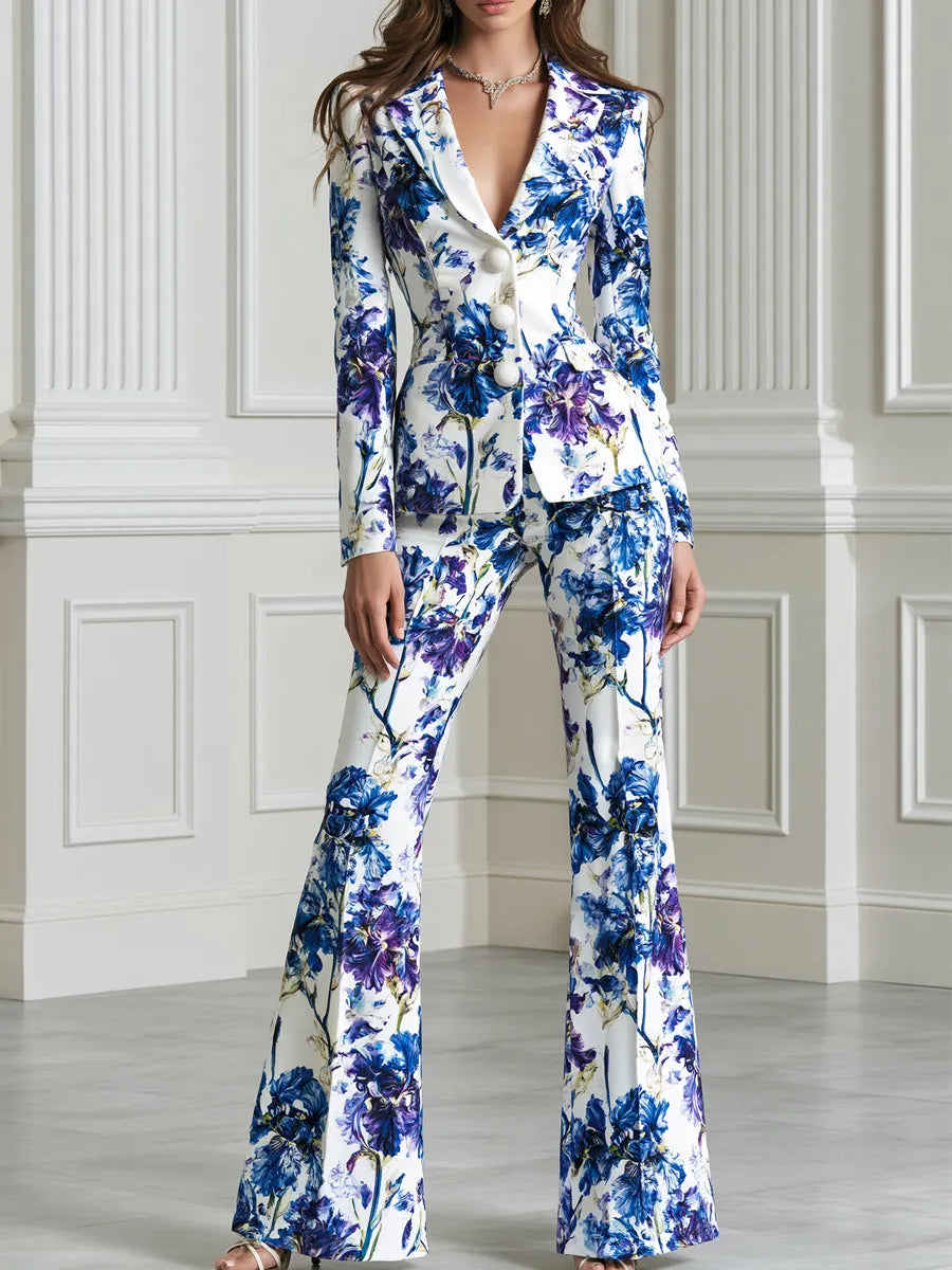 Iris Printed Fitted Blazer & Flared Pants Suit Set