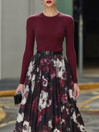 Ribbed Knit Top & Floral Pleated Midi Skirt Tailored Set