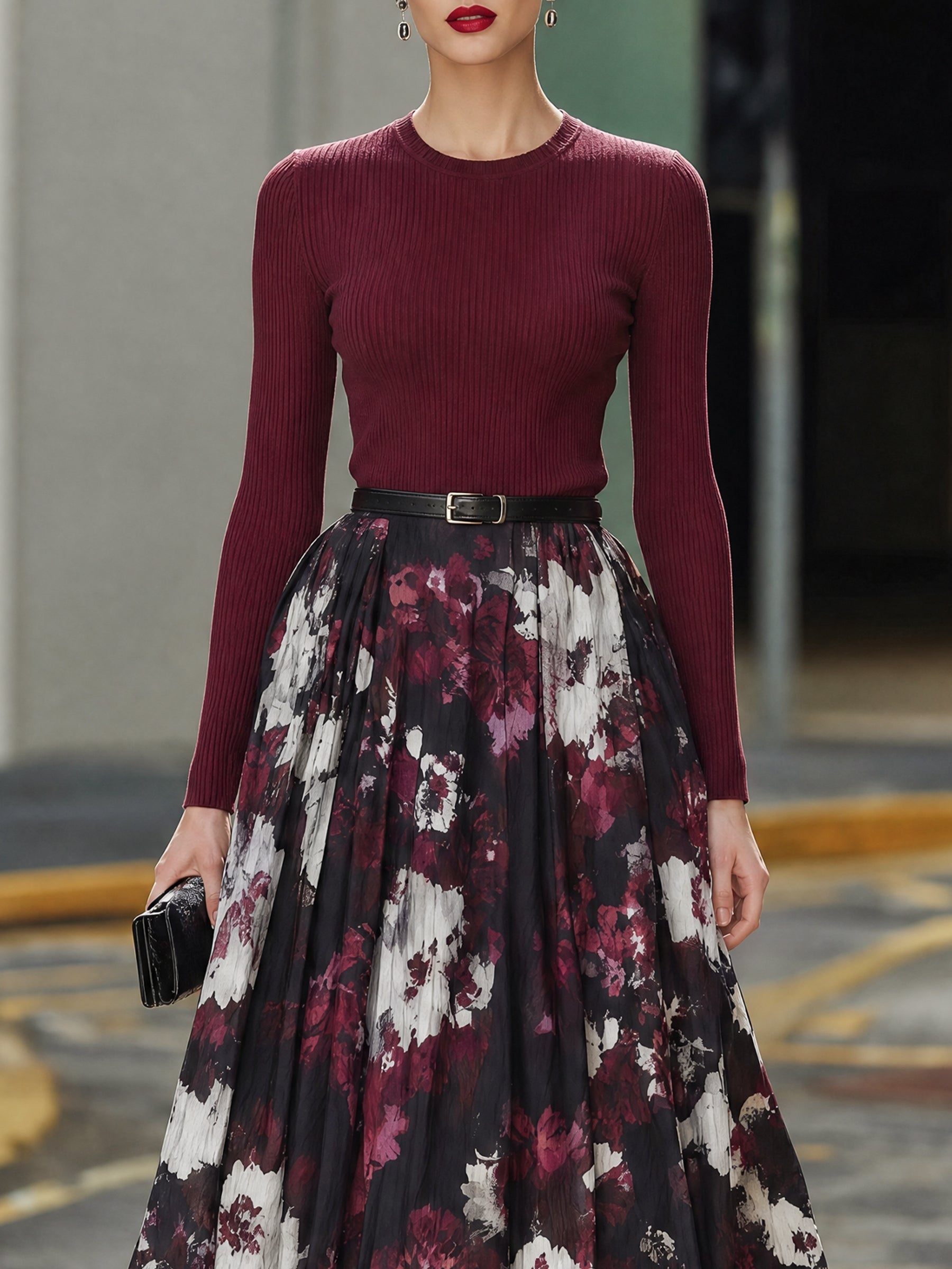 Ribbed Knit Top & Floral Pleated Midi Skirt Tailored Set