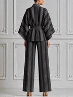Black Striped Kimono Wrap Top & Wide Leg Pants Set