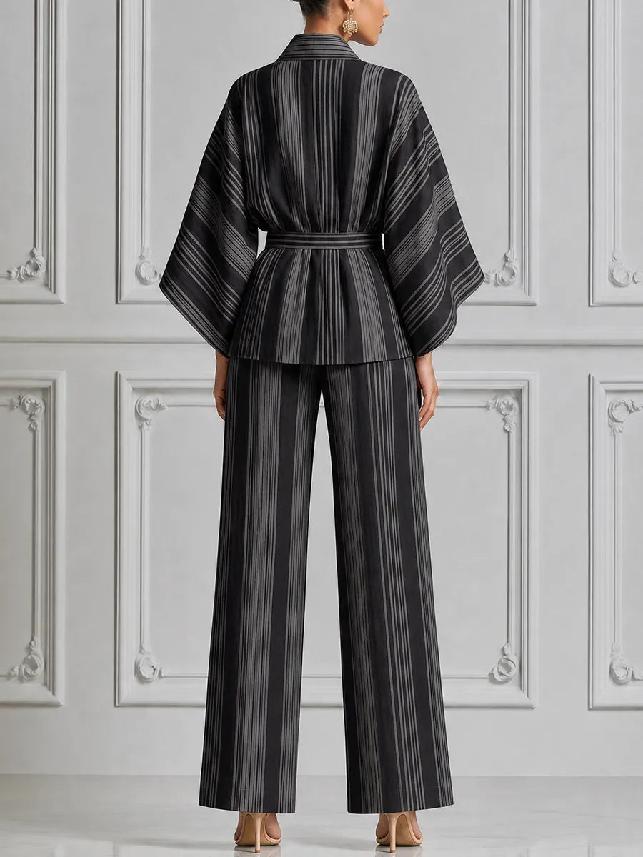 Black Striped Kimono Wrap Top & Wide Leg Pants Set