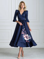 Floral Wrap-Style Ruffle Hem Satin Midi Dress