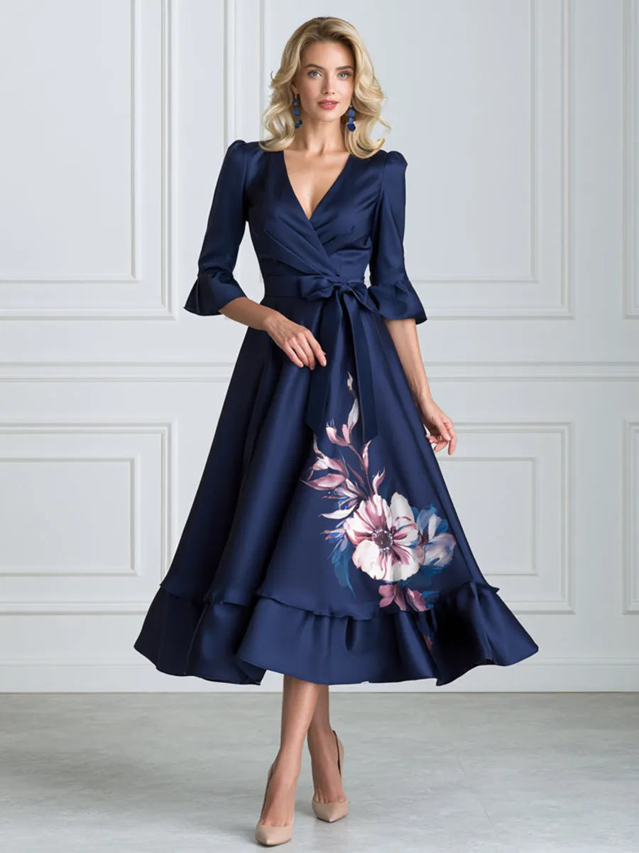 Floral Wrap-Style Ruffle Hem Satin Midi Dress