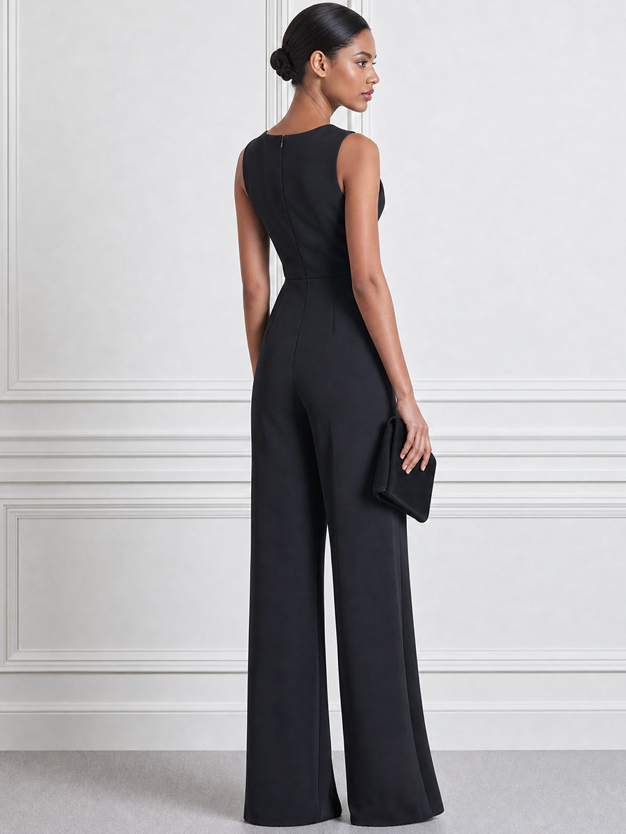 3D Rosette Pearl Tassel Sleeveless Bateau-Neck Wide-Leg Jumpsuit