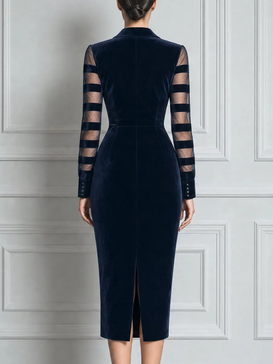 Velvet Lapel-Collar Striped Mesh Sleeve Bodycon Midi Dress