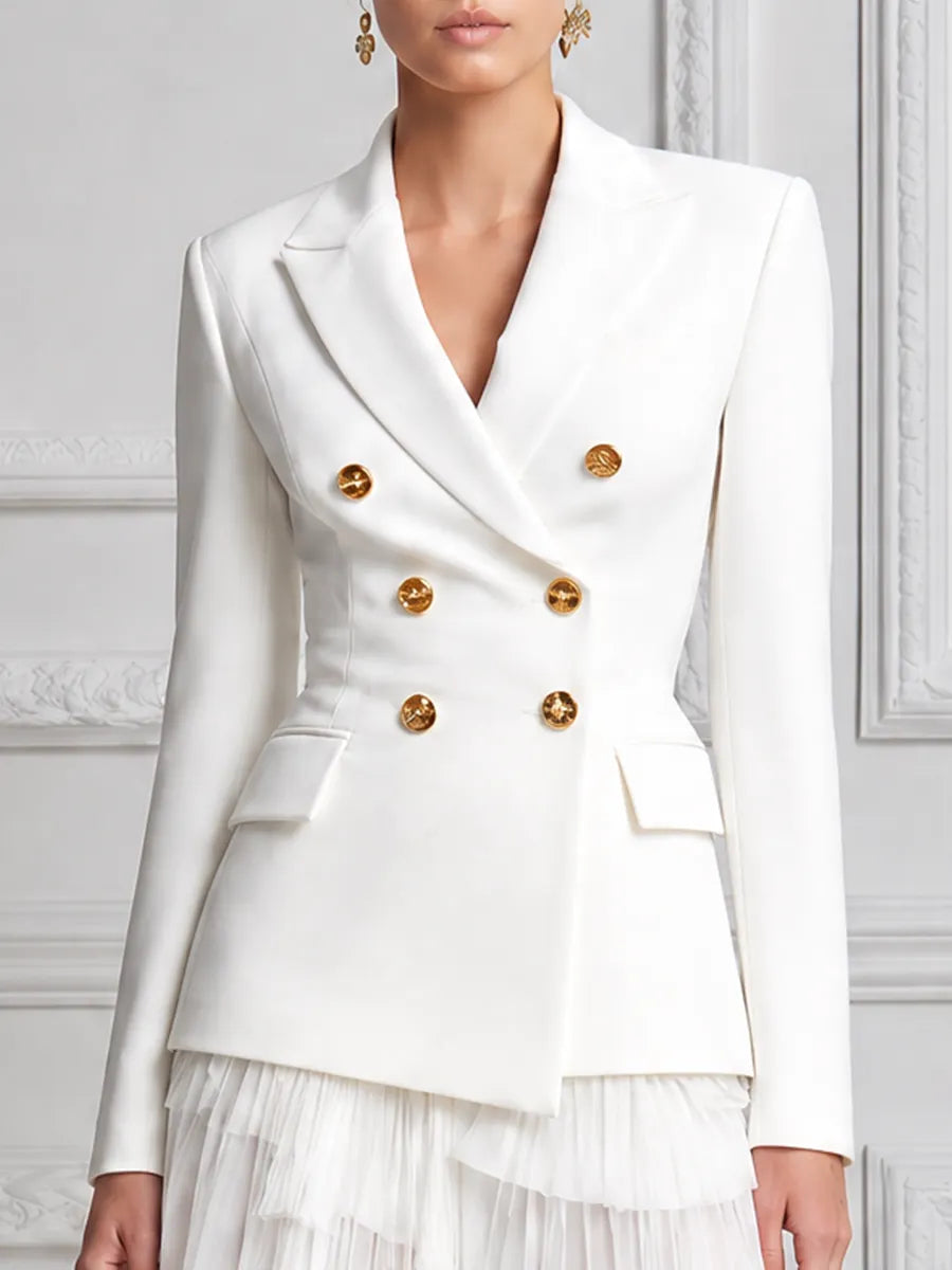 White Double Breasted Gold Button Tailored Blazer