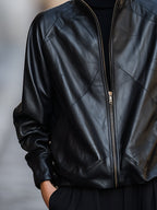 High-Neck Zip-Front Faux Leather Button Cuffs Jacket