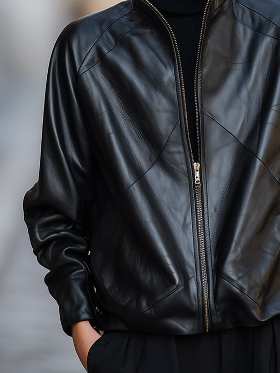 High-Neck Zip-Front Faux Leather Button Cuffs Jacket