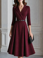 Belted Blazer Collar 3/4 Sleeve Fit-and-Flare Midi Dress