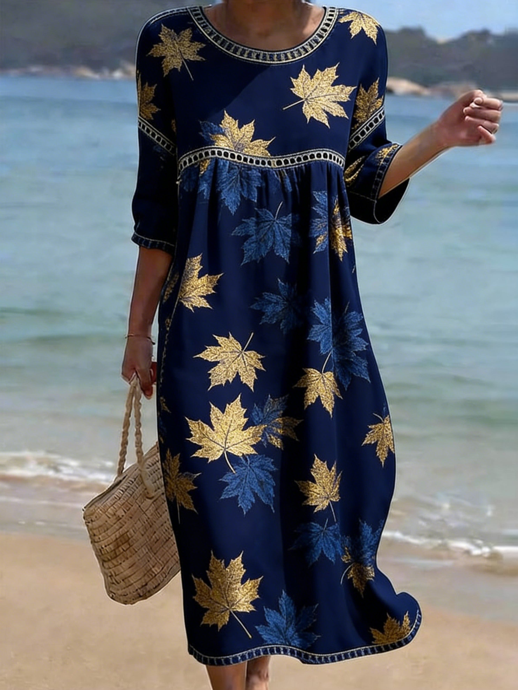 Women's Folk Flowers Print Crew Neck Cotton Pocket Dress