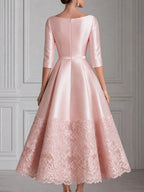 Vintage-Inspired Boat-Neck Lace-Hem Satin A-Line Midi Dress