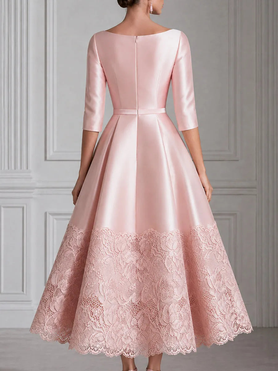 Vintage-Inspired Boat-Neck Lace-Hem Satin A-Line Midi Dress
