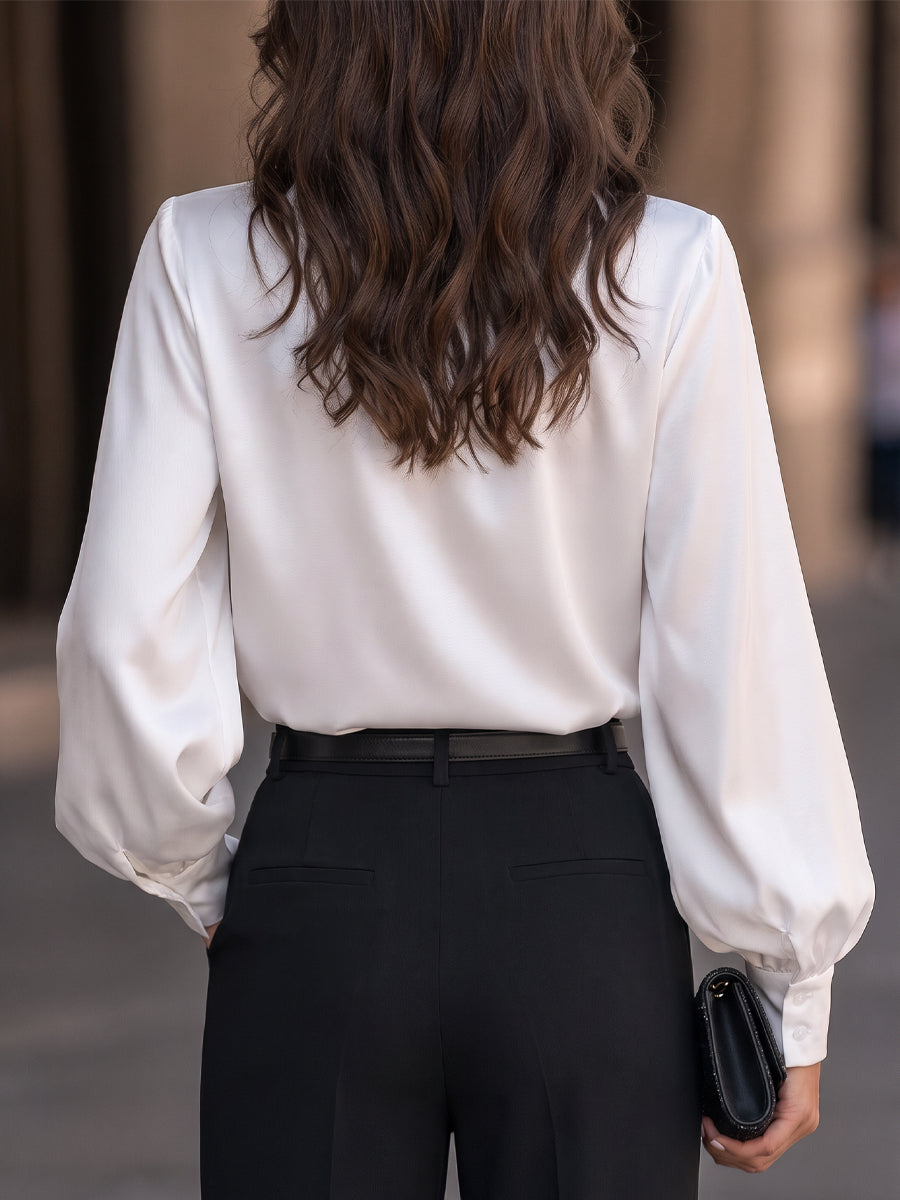 Pointed Collar Sequin Placket Satin Blouse