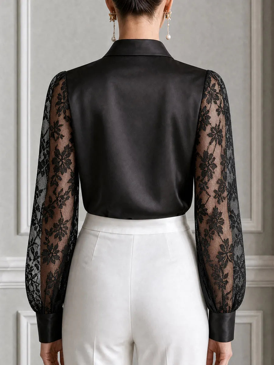 Collared Floral Lace Puff Long Sleeves Satin Blouse