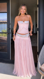 Boho Crystal Embellished Cami Crop Top & Pleated Maxi Skirt Set - Elegant Evening Wear
