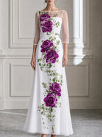 Elegant Illusion Purple Rose Floral Print Maxi Dress