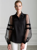 Pointed Collar Sheer Striped Mesh Balloon Sleeve Half-Placket Blouse