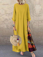 Women's Retro Floral Contrast Button Patchwork Cotton And Linen Casual Dress