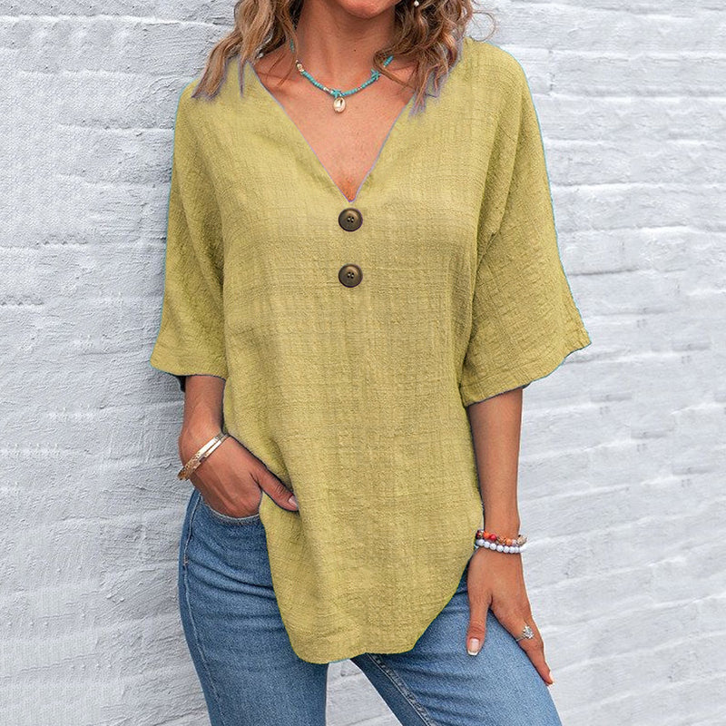 Women's Solid Color Button Linen V-neck T-shirt