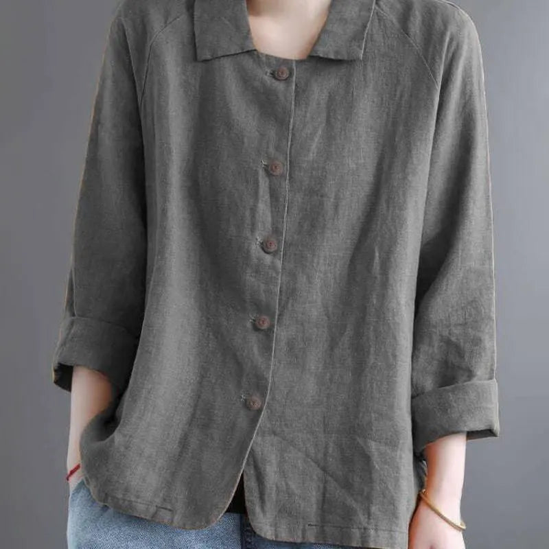 Vintage Button Cotton Linen Solid Comfy Blouse