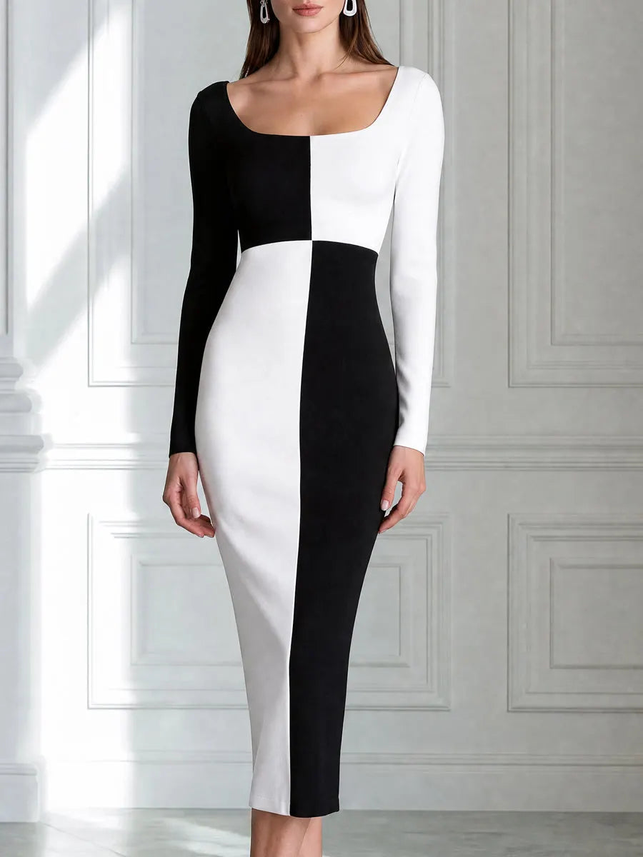 Black And White Color Block Long Sleeve Midi Bodycon Dress