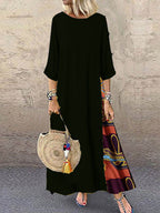 Women's Retro Floral Contrast Button Patchwork Cotton And Linen Casual Dress