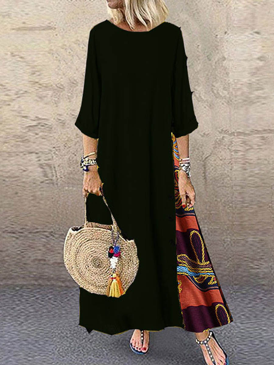 Women's Retro Floral Contrast Button Patchwork Cotton And Linen Casual Dress