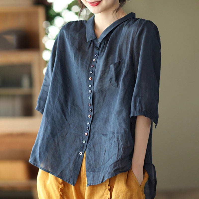 Vintage Colored Buttons Cotton Linen Solid Comfy Blouse