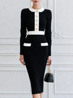 Contrast Peter Pan Collar Ribbed Knit Bodycon Midi Dress with Gold Buttons
