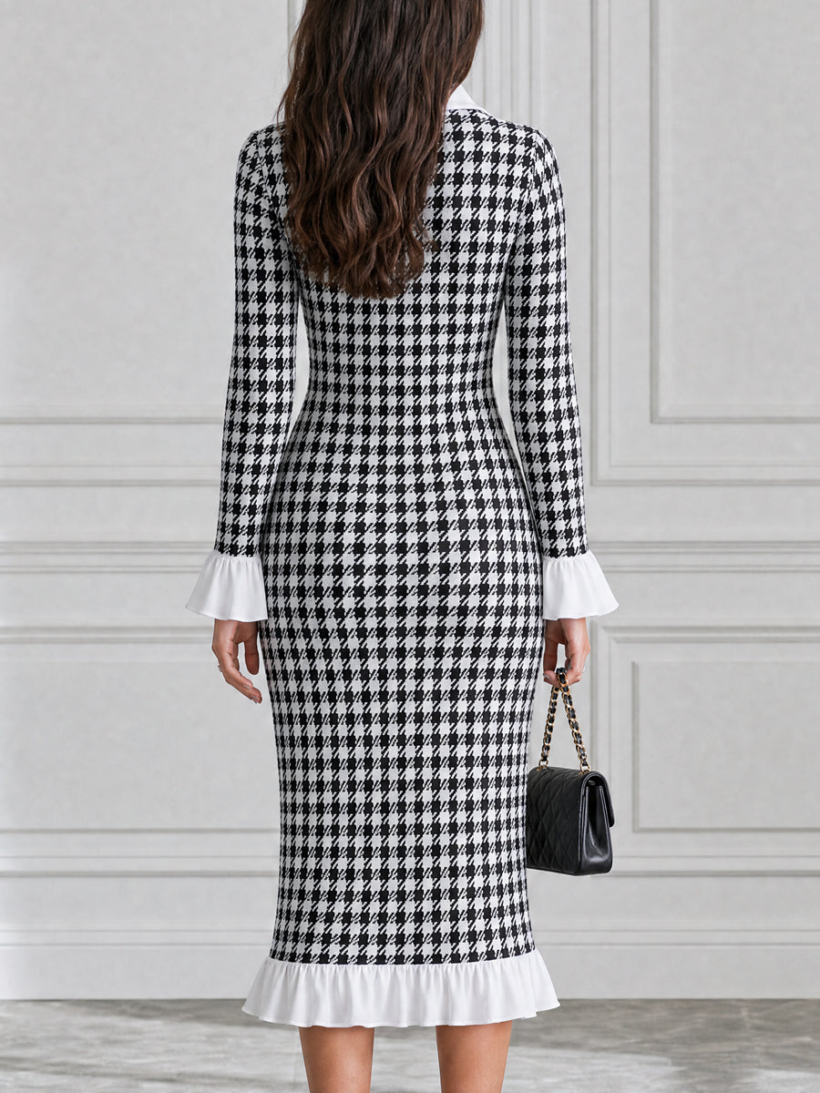 Houndstooth Contrast Collar Ruffle Flounce Cuffs & Hem Midi Dress