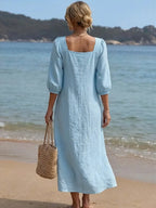 Stylish Square-neck Linen And Cotton Bow Dress