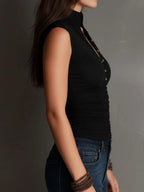 Stand Collar Black Shimmer Ribbed Ruched Button-Front Top