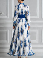 White Dress Fall Wedding Guest Dress Blue Floral Pleated Maxi Dress